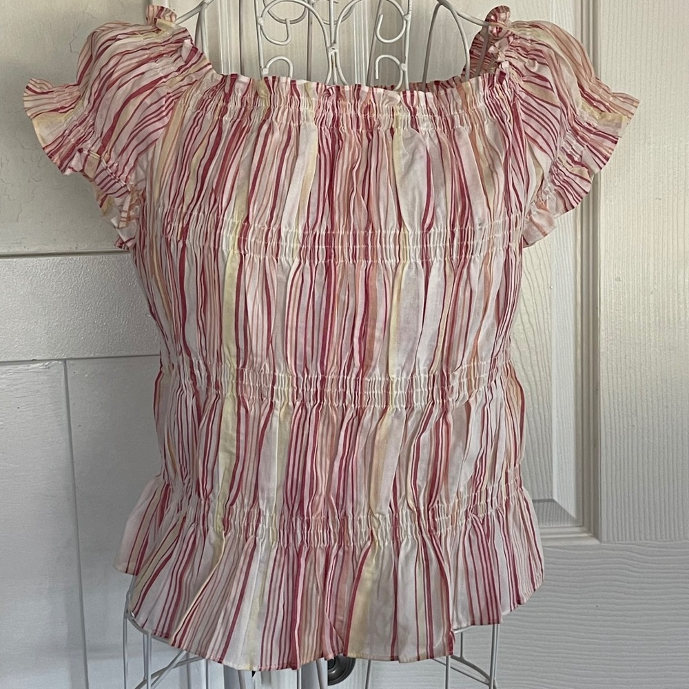 Express Top Pink Striped Smocked Peplum Short Sleeve Cotton Festival Boho Girly